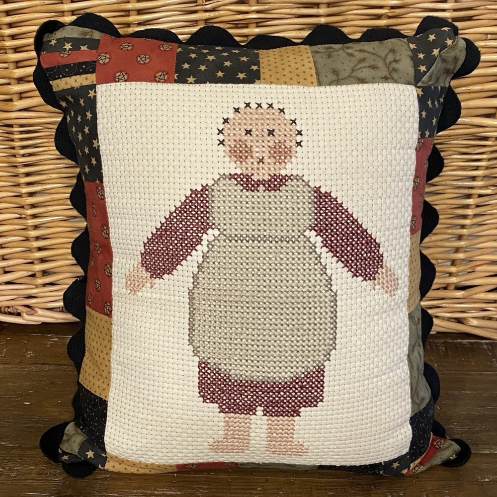 VTG Cross Stitch Pillow 1994 Folk Art Doll Country Primitive  14"x15"